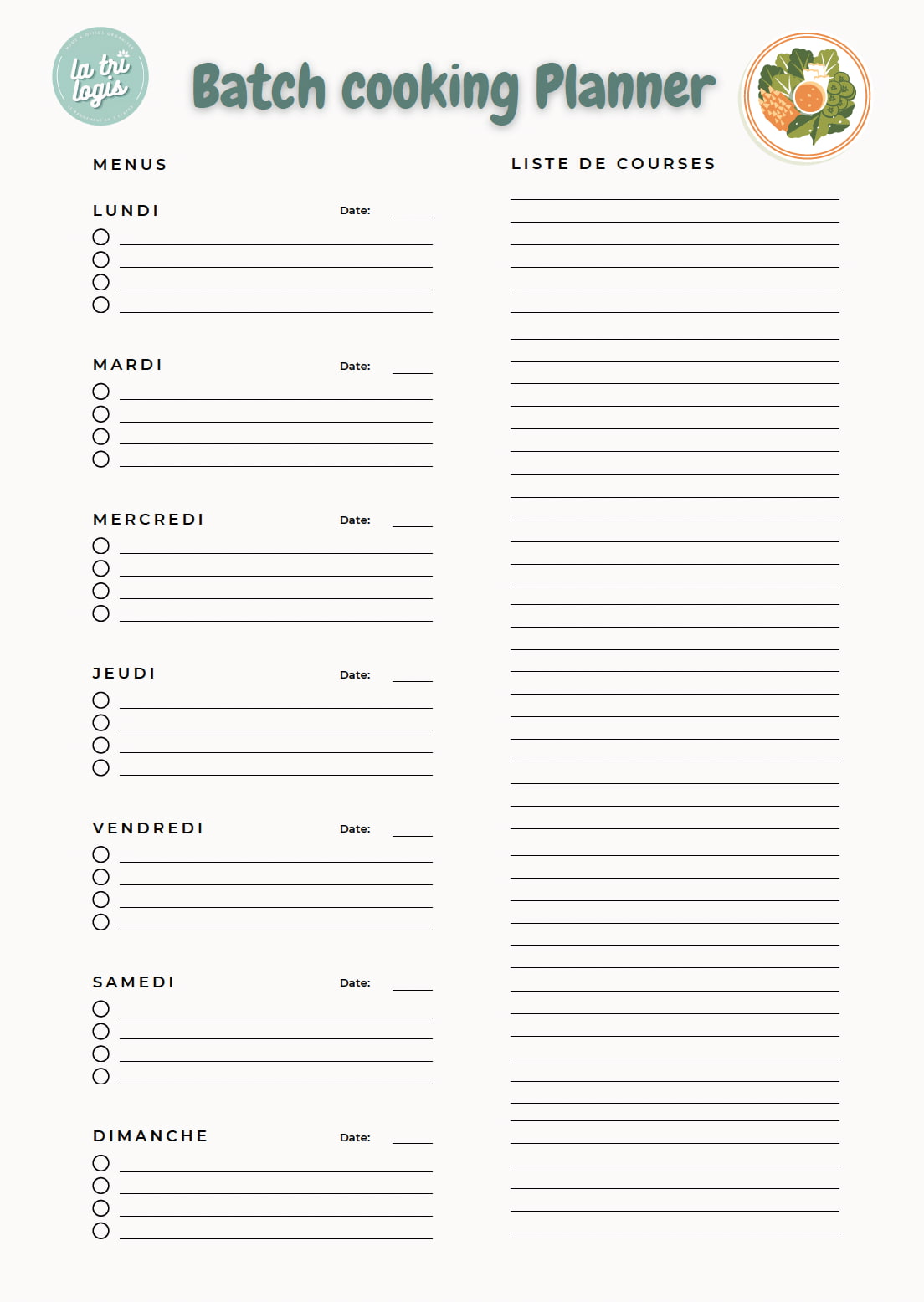 Ressource gratuite : batch cooking planner, pour organiser son batch cooking et gagner du temps sur sa semaine !